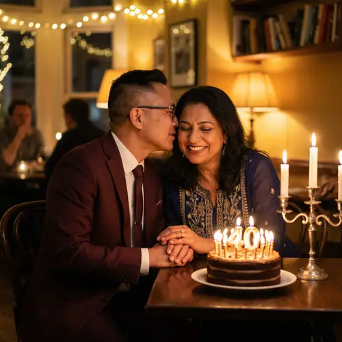 Romantic Anniversary Celebration with Chocolate Cake and Candlelit Dinner