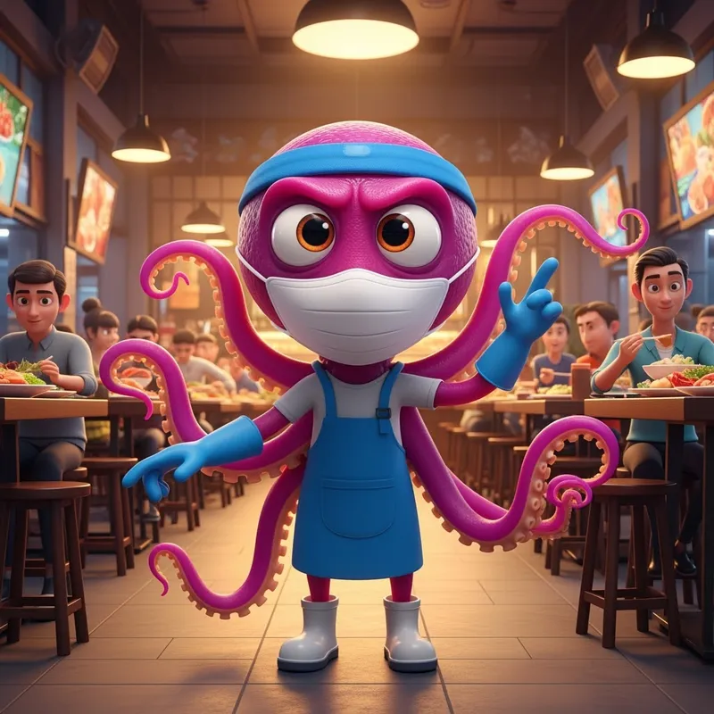 Animated Octopus in Restaurant Safety Gear Animated Octopus in Restaurant Safety Gear