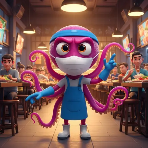 Animated Octopus in Restaurant Safety Gear