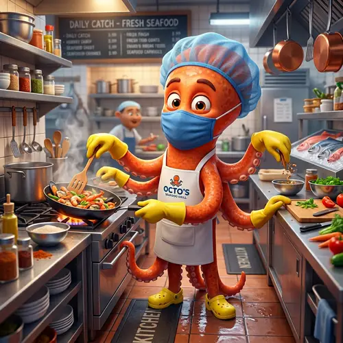 Animated Octopus in Restaurant Safety Gear