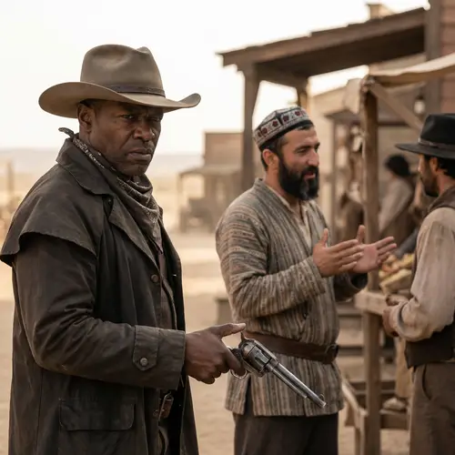 Gritty African American Cowboy with Revolver Aiming at Uzbek