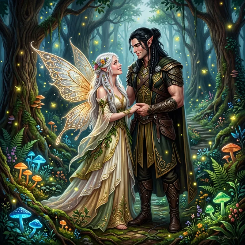 Enchanting Fairy and Blood Elf Kiss in Magical Forest