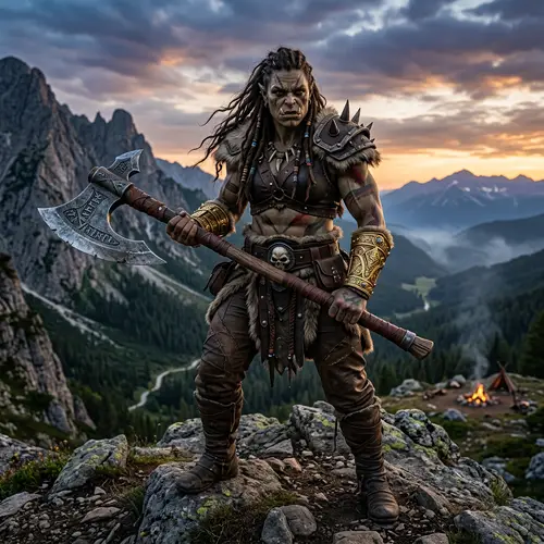 Female Orc Barbarian with Greataxe and Gold Bracers