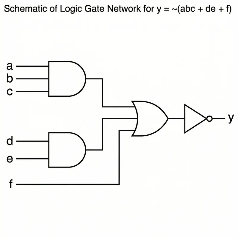 Create Logic Gate Diagram for Boolean Function y= ~(abc+de+f) Create Logic Gate Diagram for Boolean Function y= ~(abc+de+f)