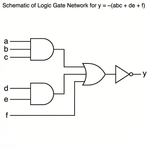 Logic Gate Network for Boolean Function y = ¬(abc + de + f)