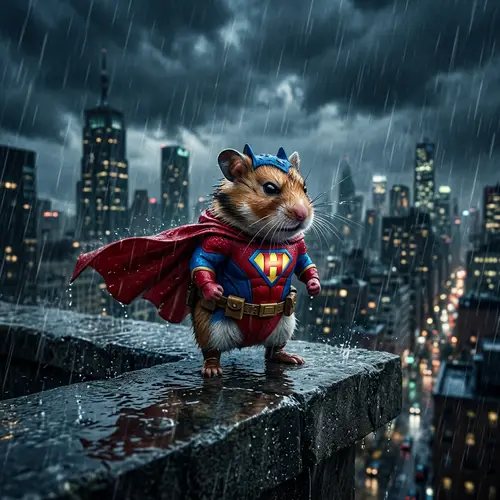 Heroic Hamster: Fierce Superhero in Rainy City Scene