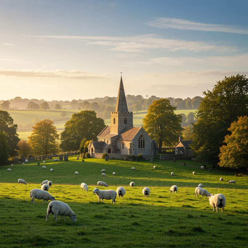 Peaceful English Countryside: Church & Sheep