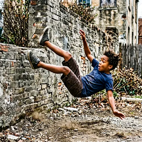 Young Boy Falling from Wall in Action Shot