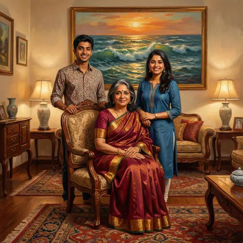 Indian Family Portrait - Mother, Son & Daughter in Vibrant Room Setting