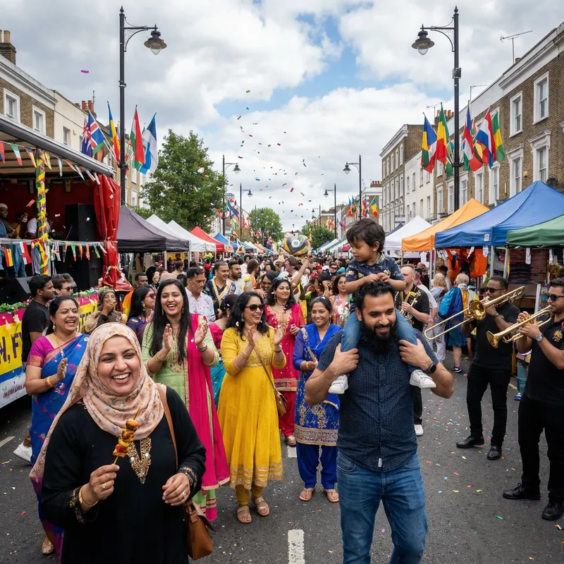 Colorful Street Photography: Lively Crowd at Festive Event