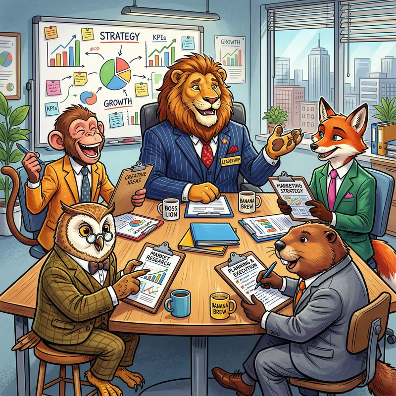 Lively Animal Team Meeting led by Charismatic Lion Boss Lively Animal Team Meeting led by Charismatic Lion Boss