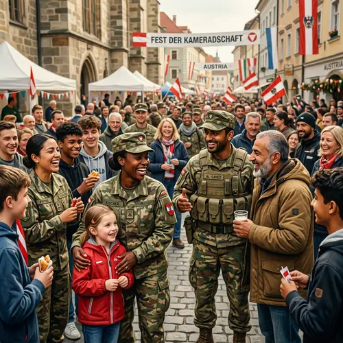 Austrian Soldiers in Festive Atmosphere Engaging with Crowd