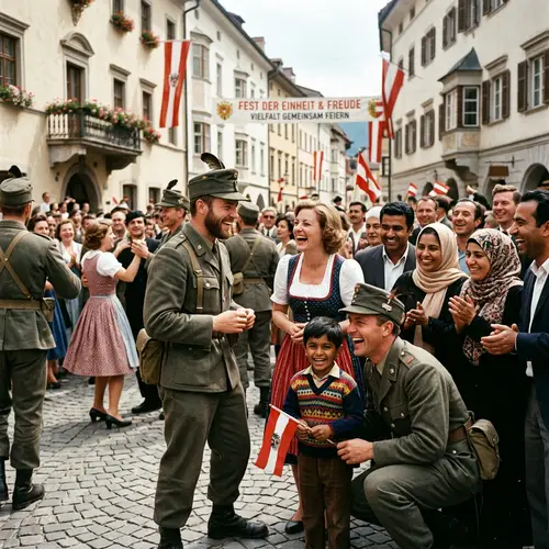 Vintage Austrian Soldiers Interacting with Diverse Civilians
