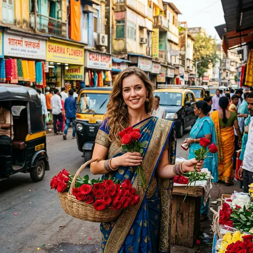 Enchanting Fair European Woman in Vibrant Saree Selling Red Roses