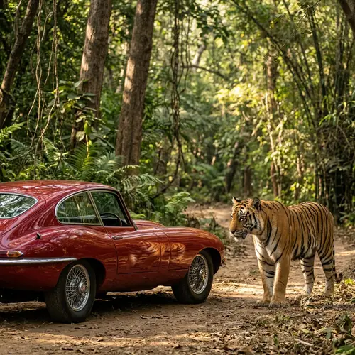 Red Sports Car and Majestic Bengal Tiger in Captivating Jungle Scene