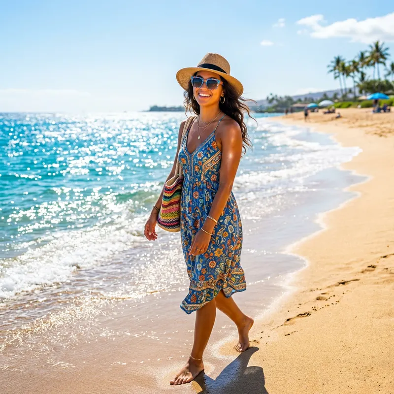 Stylish American Beach Scene | Floral Dress & Sun-Hat Fashion
