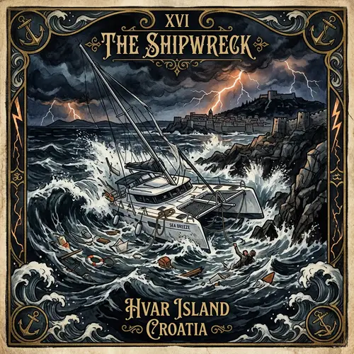 Tarot Card: Catamaran Shipwreck in Hvar Storm