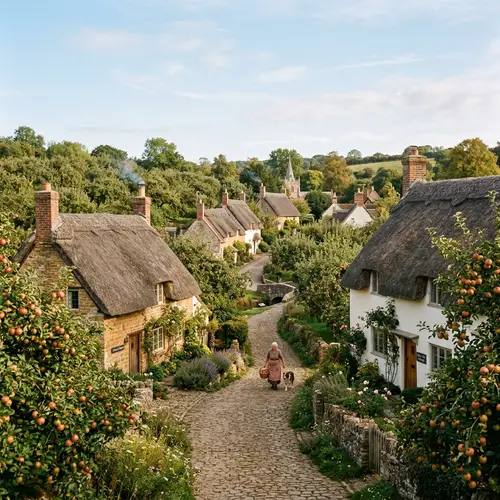Idyllic Apple Village with Quaint Cottages and Orchard