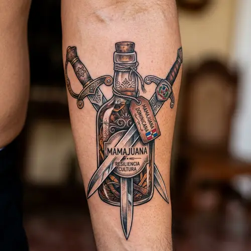 Dominican Mamajuana Tattoo Design with Three Swords