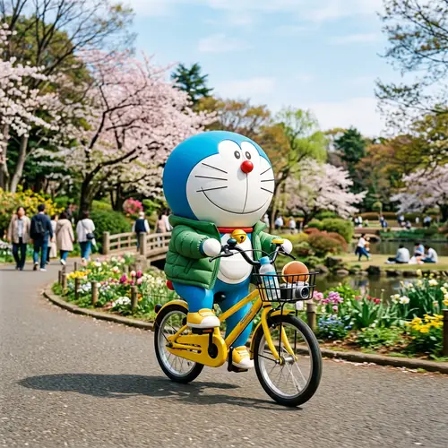 Doraemon Rides a Yellow Bike in Green Jacket