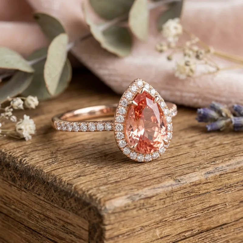Peach Color Pear Shape Sapphire Ring Creation