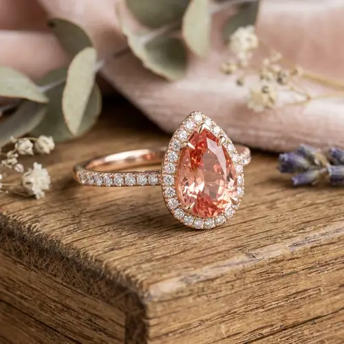 Peach Color Pear Shape Sapphire Ring Creation