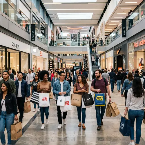 Vibrant Shopping Mall with Diverse Crowd and Variety of Stores