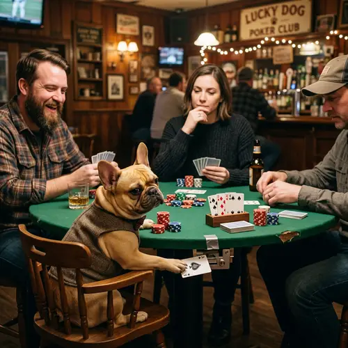 Yellow French Bulldog Cheating Playing Poker