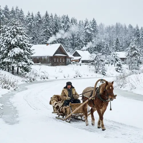 Russian Winter Scene: Snow-Covered Pines, Icicles, Frozen River