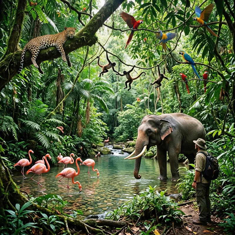 Discover Jungle Wildlife: Elephant, Flamingos, Monkeys, Parrots, Leopard Discover Jungle Wildlife: Elephant, Flamingos, Monkeys, Parrots, Leopard