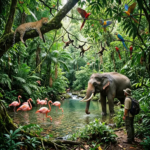 Explore Jungle Wildlife: Majestic Elephant, Flamingos, Monkeys, Parrots, Leopard