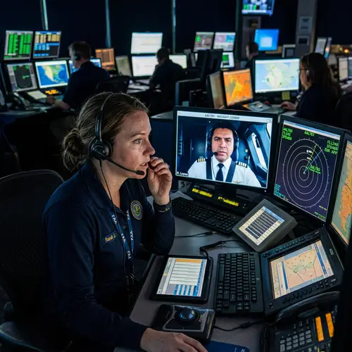 Professional Female Air Traffic Controller Managing In-Air Communication