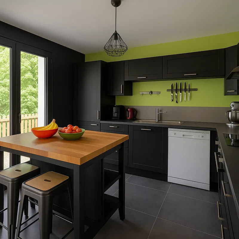 Sleek Black Kitchen with Wooden Countertop