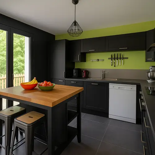 Sleek Black Kitchen with Wooden Countertop