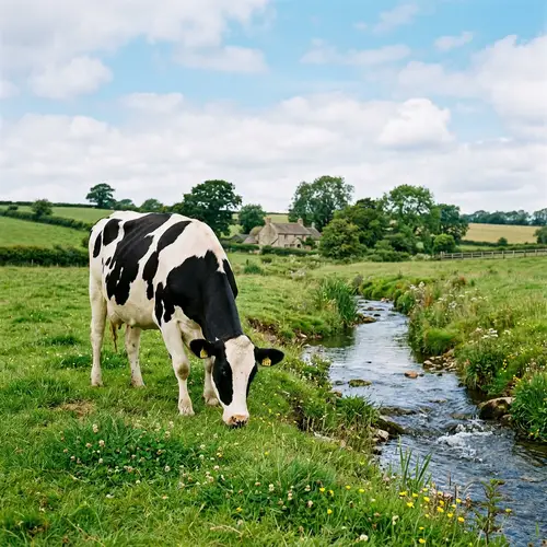 Tranquil Countryside Scene with Grazing Cow and Gentle Stream