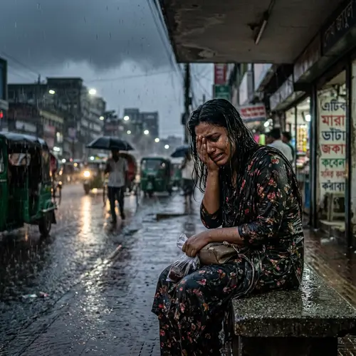 Heartbroken South Asian Woman Crying Under Rainy Sky