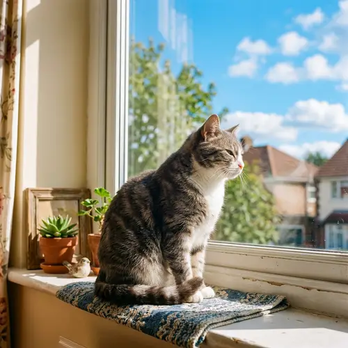 Relaxed Domestic Cat Enjoying Sun from Windowsill