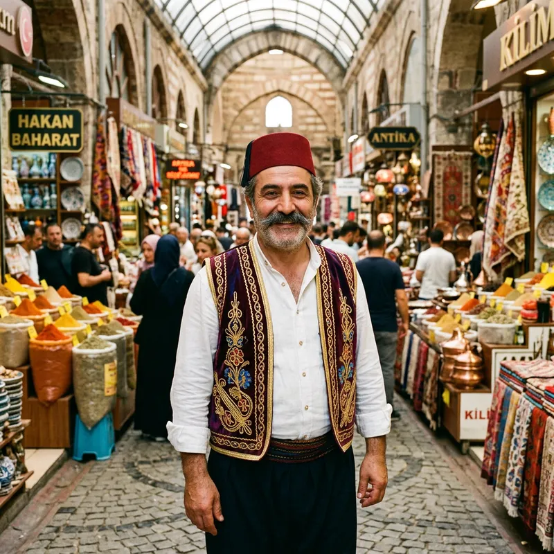 Turkish Man in Traditional Clothing - Vibrant Bazaar Scene
