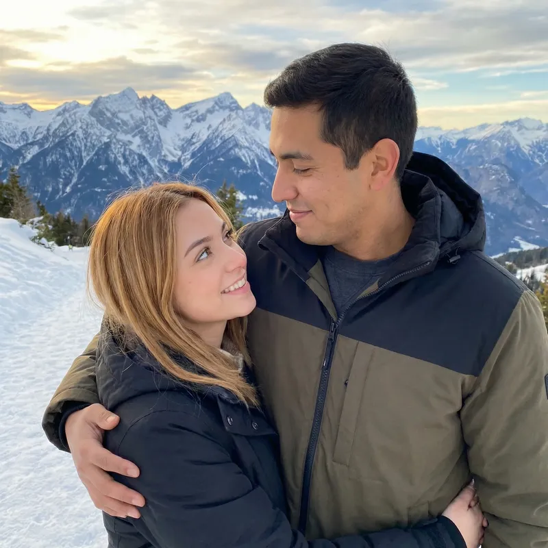 Blonde-Brunette Girl Embracing Tall Hispanic Boy with Snowy Mountains Blonde-Brunette Girl Embracing Tall Hispanic Boy with Snowy Mountains