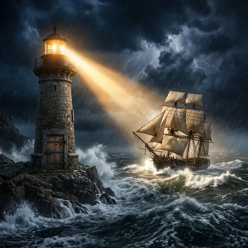 Lighthouse Guiding Ship Through Stormy Sea | Safety Concept