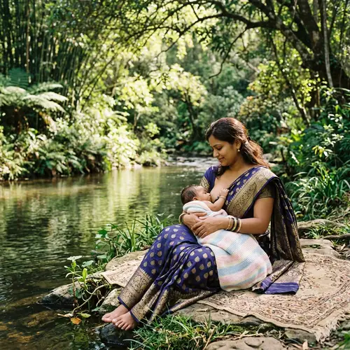 Serene South Asian Woman Breastfeeding by River