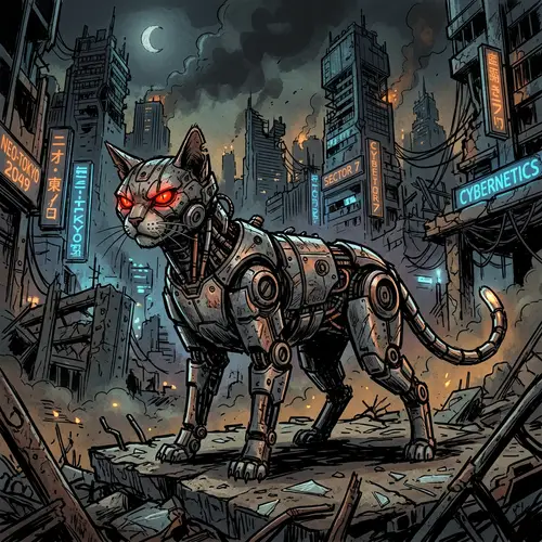 Cyberpunk Robotic Cat in Post-Apocalyptic Cityscape