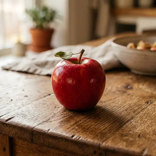 Ripe Red Apple on Wooden Table - Fresh and Juicy Fruits
