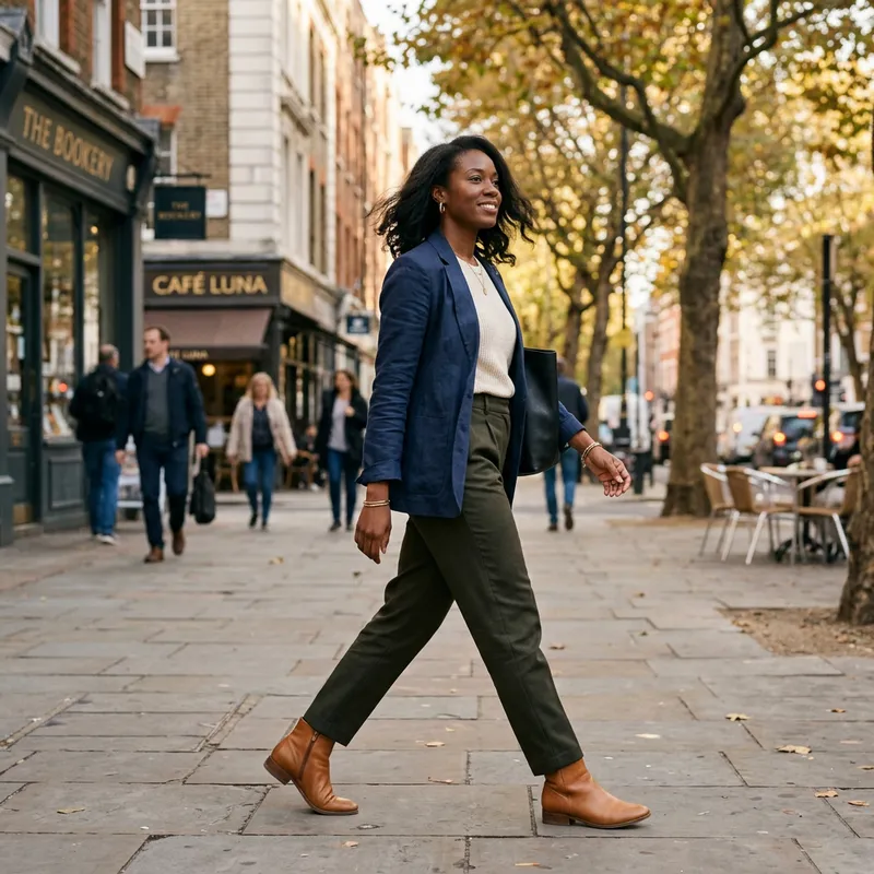 Elegant Black Woman Walking in Stylish Casual Wear Elegant Black Woman Walking in Stylish Casual Wear