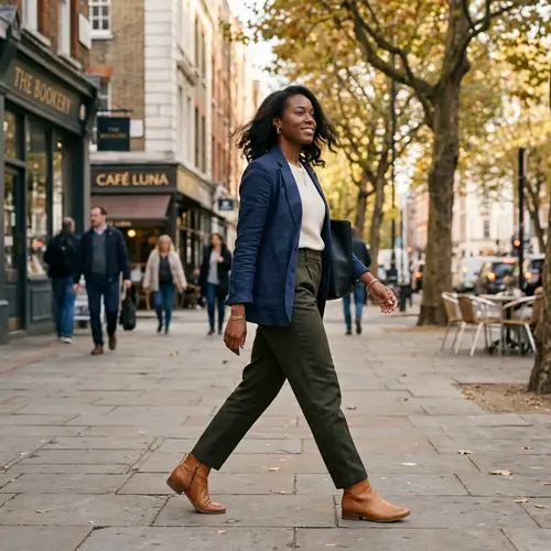 Elegant Black Woman Walking in Stylish Casual Wear