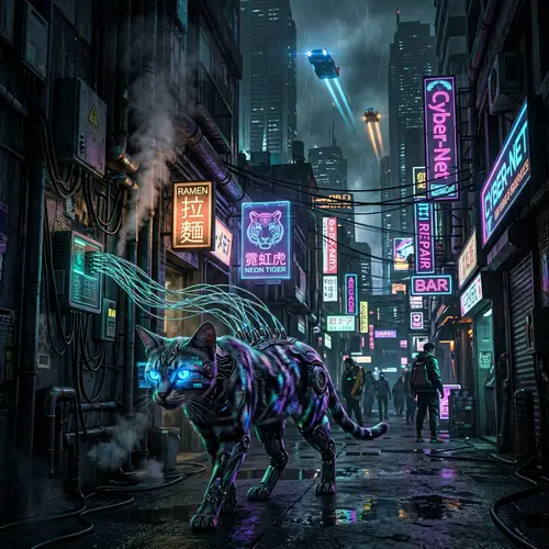 Cybernetic Cat in Neon Cyberpunk Alley