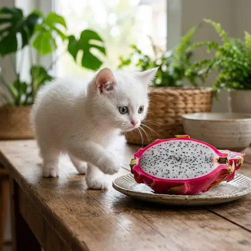 Adorable Kitten & Pitahaya: White Fur and Vibrant Fruit