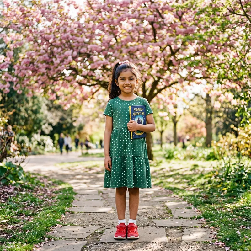 Confident South Asian Girl in Forest Green Dress by Cherry Blossom Tree Confident South Asian Girl in Forest Green Dress by Cherry Blossom Tree