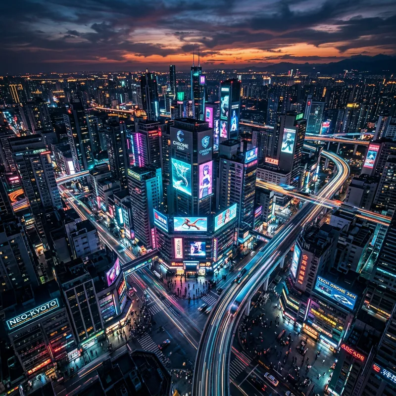 Vibrant Cyberpunk Metropolis at Sunset - Neon Lights & Dystopian Scenery