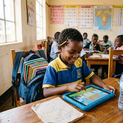 African Child on School iPad: Educational Apps Exploration